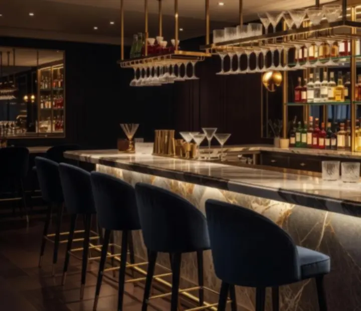 Elegancki bar premium w restauracji Pola Strovia, oświetlony nastrojowym światłem.