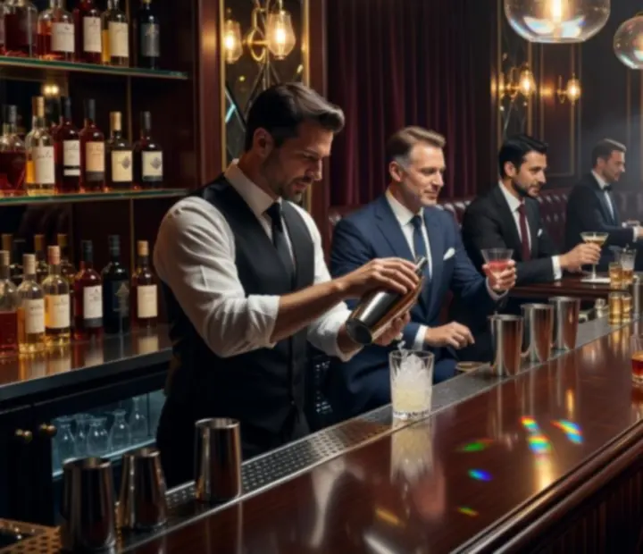 Bar wieczorową porą w restauracji Pola Strovia, oświetlony świecami i nastrojowym światłem.