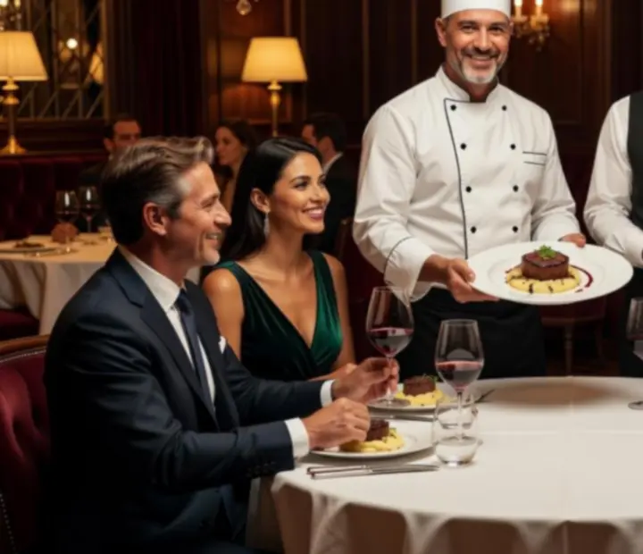 Szef kuchni, sommelier i goście podczas wieczoru w restauracji Pola Strovia