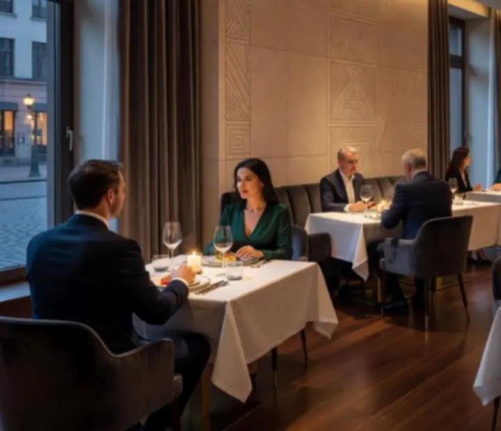 Kinowa sala restauracyjna z eleganckimi stołami i nastrojowym oświetleniem w Pola Strovia