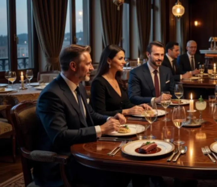 Eleganckie spotkanie biznesowe przy stole w restauracji Pola Strovia