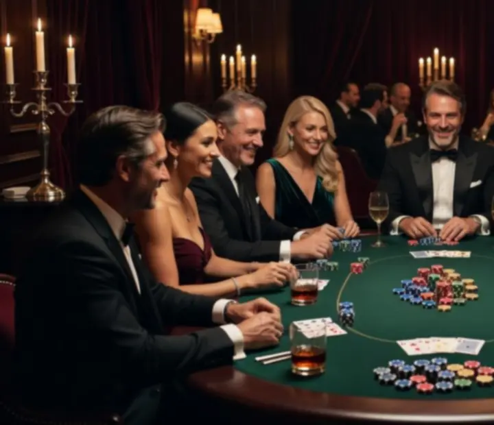 Elegancki wieczór pokerowy z symbolicznymi żetonami w stylowym wnętrzu restauracji