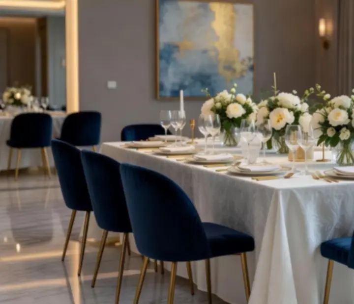 Luksusowa sala restauracyjna przygotowana na eleganckie przyjęcie