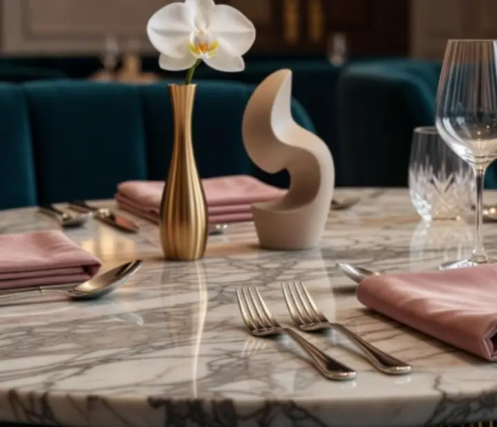 Detal wnętrza restauracji Pola Strovia z designerskim oświetleniem i eleganckimi materiałami
