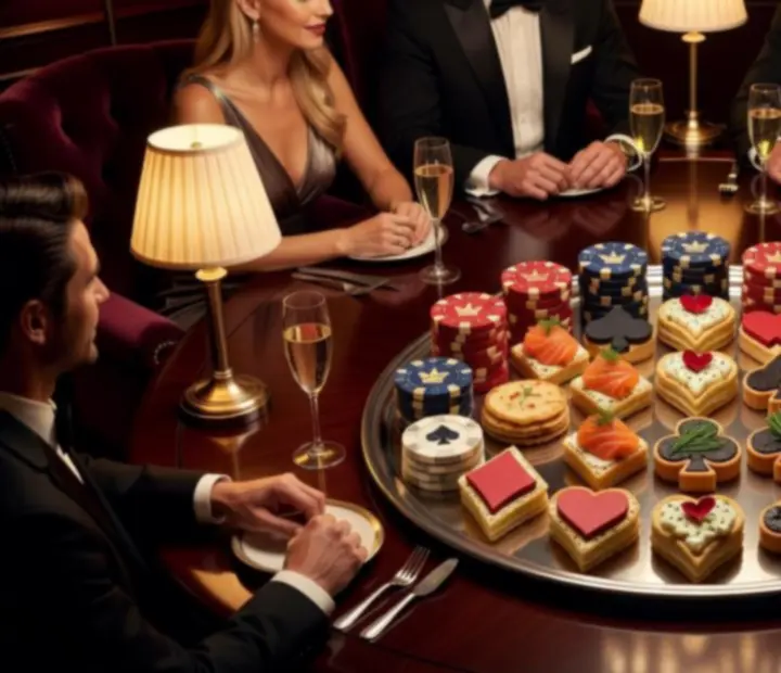 Elegancki talerz degustacyjny Chef’s Poker z mini-przekąskami inspirowanymi symboliką pokera.