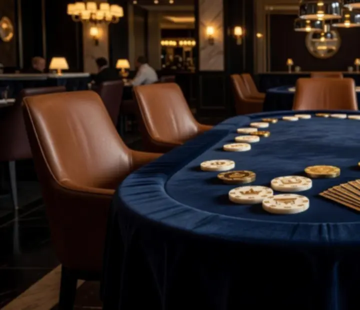 Profesjonalnie przygotowane stoły pokerowe z eleganckimi żetonami w restauracji Pola Strovia