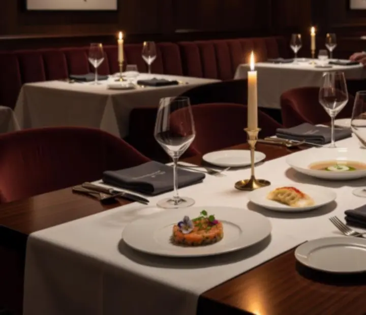 Elegancki stół degustacyjny w restauracji Pola Strovia z kilkoma autorskimi daniami Szefa Kuchni.