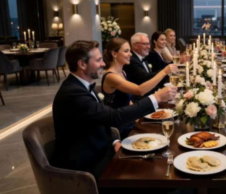 Elegancki stół weselny w restauracji z kwiatami i świecami